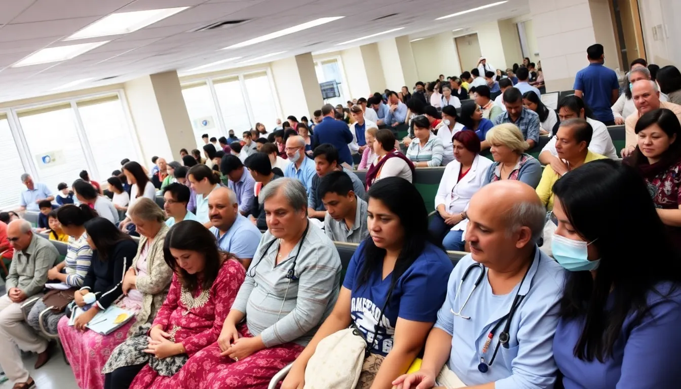 A crowded hospital waiting room filled with anxious patients and families, highlighting the challenges of long wait times and staffing shortages in the healthcare system.