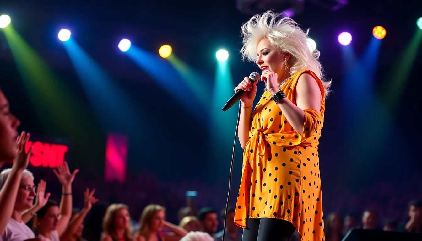 The audience reacts with enthusiasm as Lauper delivers a fierce response to the heckler, highlighting the dynamic between performers and their fans