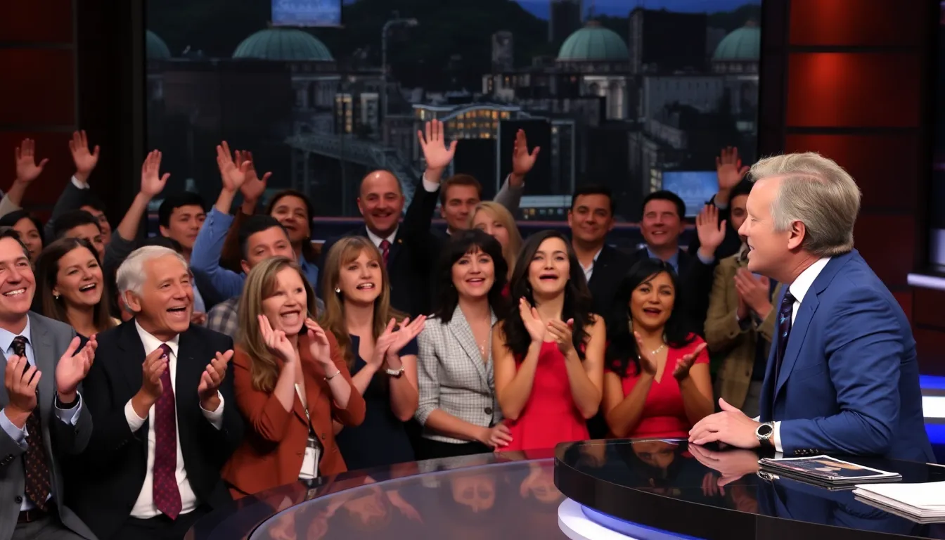A lively studio audience reacts enthusiastically as the host delivers a humorous monologue on current political events during a taping of The Daily Show.