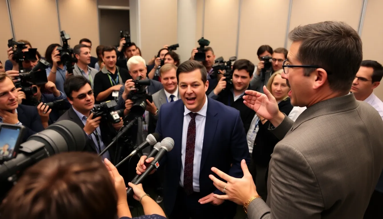 Dan Levy speaks passionately during a press event, discussing the unexpected twists in the finale of Big Mistakes while surrounded by reporters and cameras.