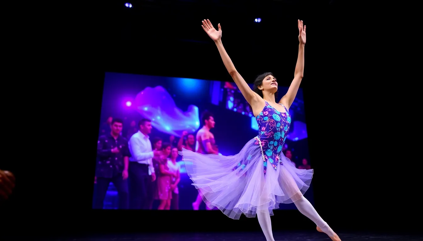 A dancer with Motor Neuron Disease performs on stage using a digital avatar, showcasing a blend of technology and artistry at the Arts Theatre.