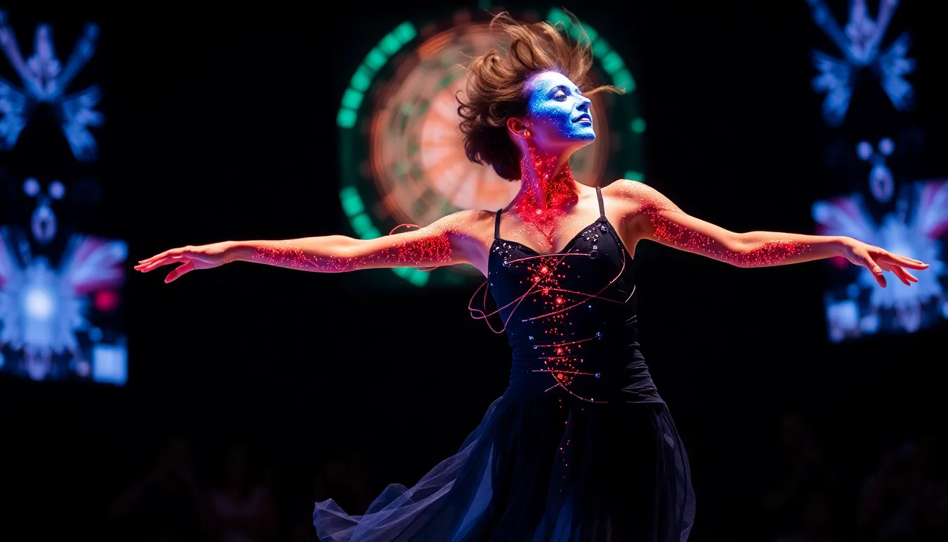 A closeup of the dancer's focused expression, highlighting their determination and resilience as they engage with the innovative digital technology during the performance