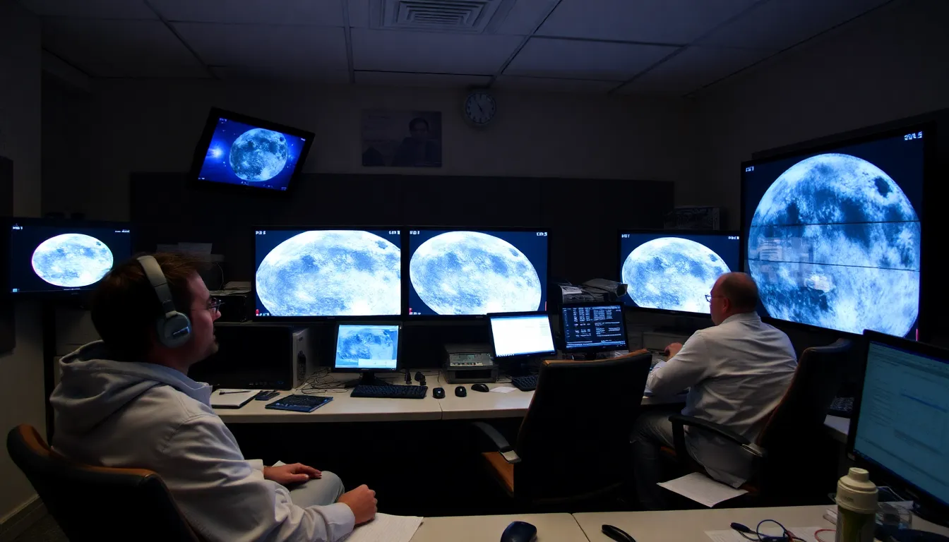 NASA scientists work in a control room, analyzing data from the Lunar Reconnaissance Orbiter as they prepare to release sonifications of the moon's dark side.