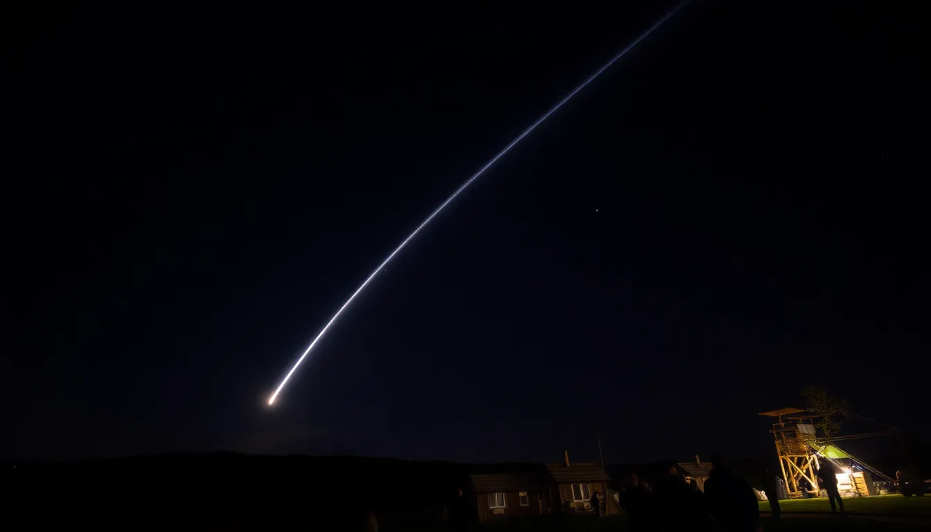 A bright meteor streaks across the dark night sky, leaving a glowing trail as it illuminates the landscape below.