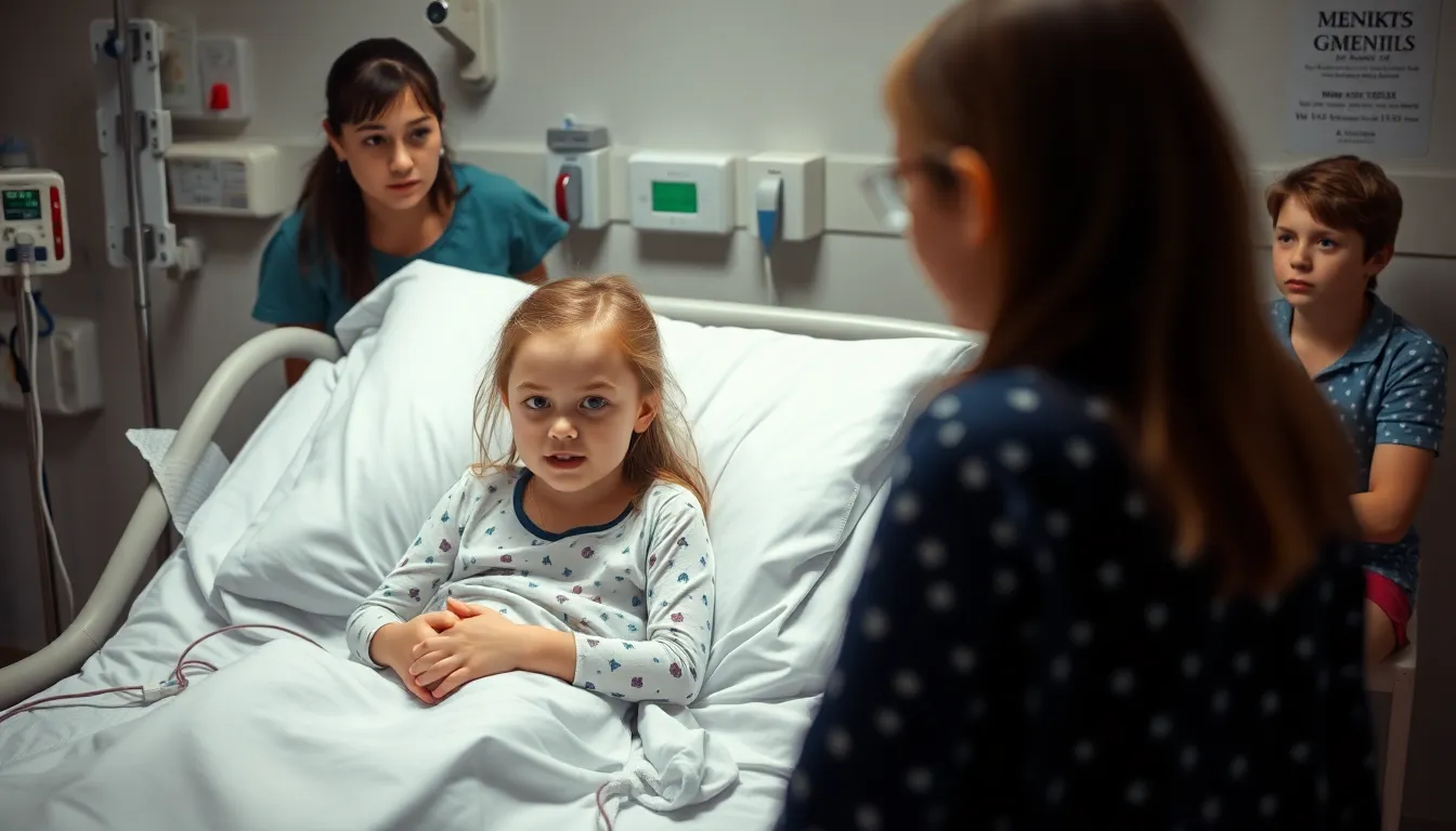 A young girl sits in a hospital bed with a concerned expression, surrounded by medical equipment as her family looks on anxiously during her battle with Meningitis B.