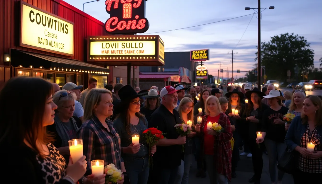 A bustling Nashville street scene, with posters and tributes celebrating David Allan Coe's contributions to the country music industry following the news of his passing
