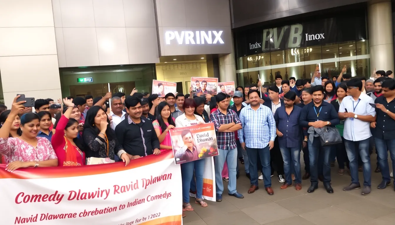 A crowd gathers at PVR Inox to celebrate David Dhawan's contributions to Indian comedy during a retrospective event ahead of his final film release.