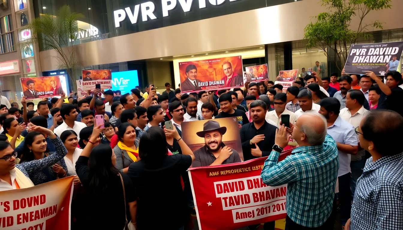 Fans gather outside PVR Inox, eagerly discussing their favorite moments from Dhawan's films as they prepare to celebrate his legacy at the retrospective event