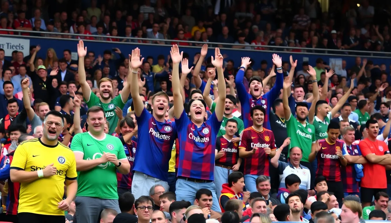 Fans celebrate in the stands as a lower league team scores a stunning goal against a Premier League giant during the FA Cup quarterfinals.