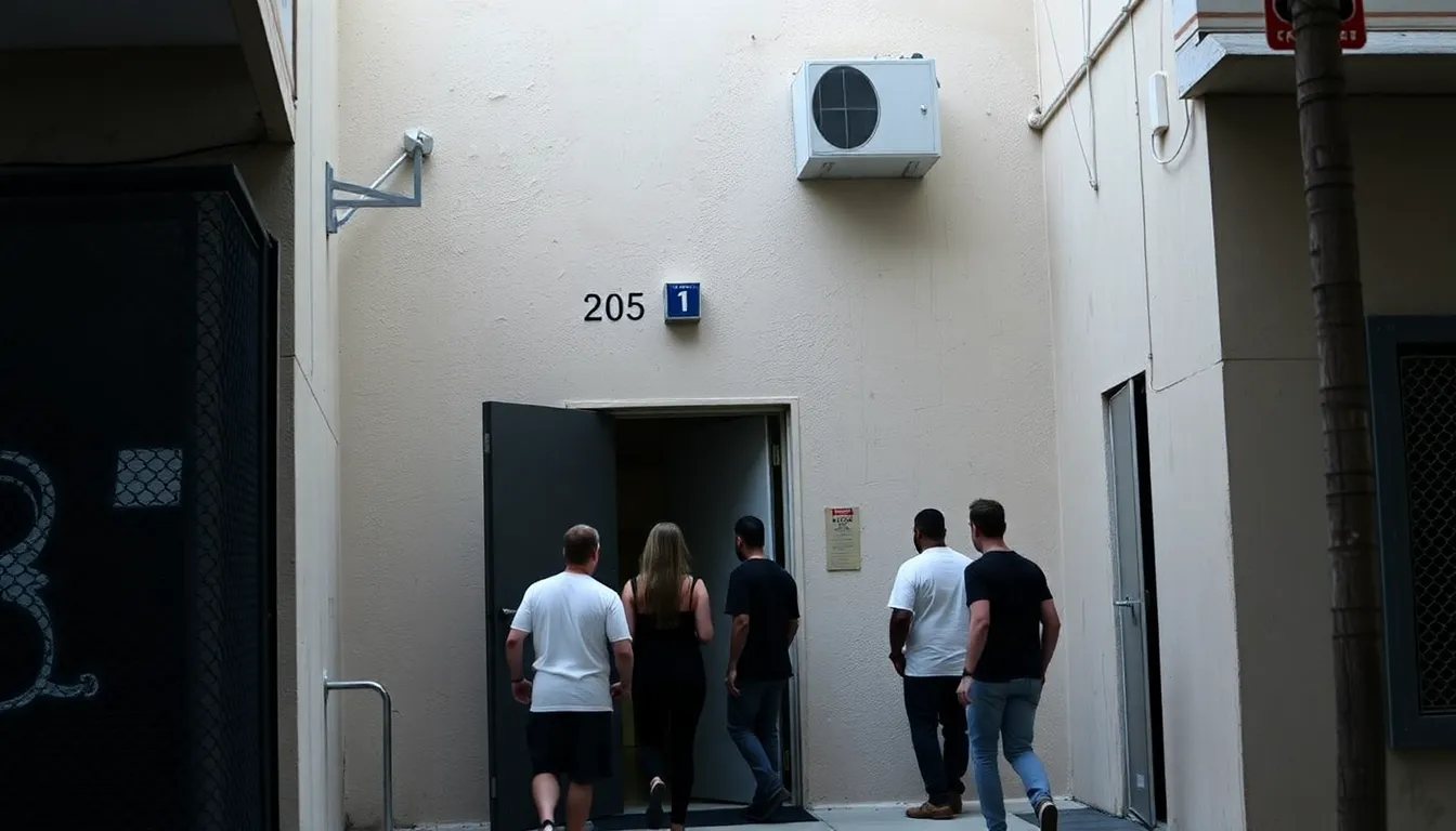 A group of people is seen entering a discreetly marked building in Los Angeles, which is rumored to be one of the underground sex clubs highlighted in recent investigations.