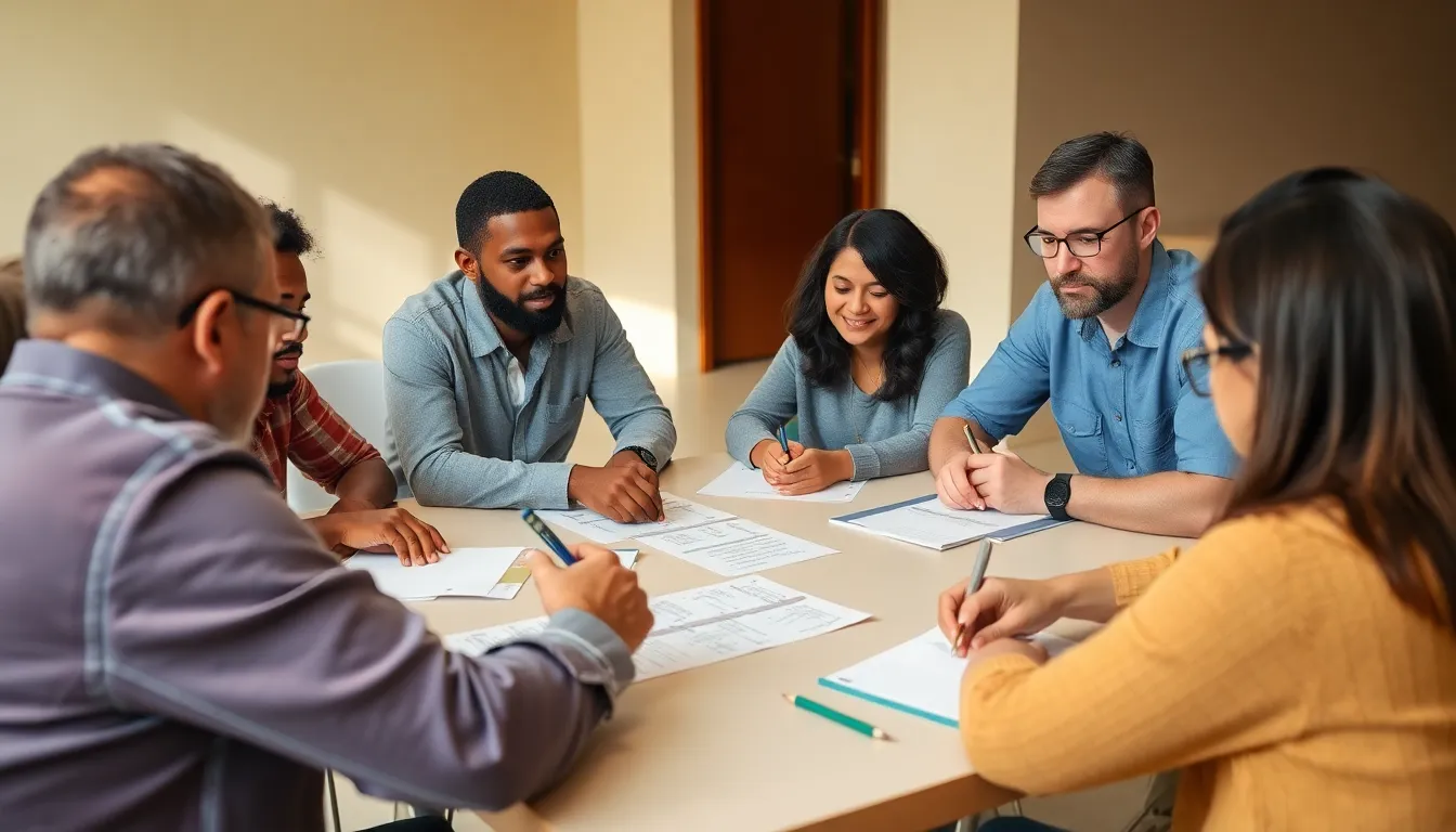 A diverse group of people gathers around a table, intently discussing and writing down their interpretations of a complex linguistic puzzle challenge.