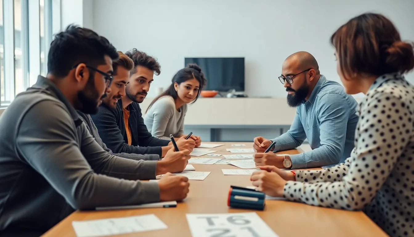 A digital workspace filled with colorful sticky notes and brainstorming materials, illustrating the creative process behind developing language challenges