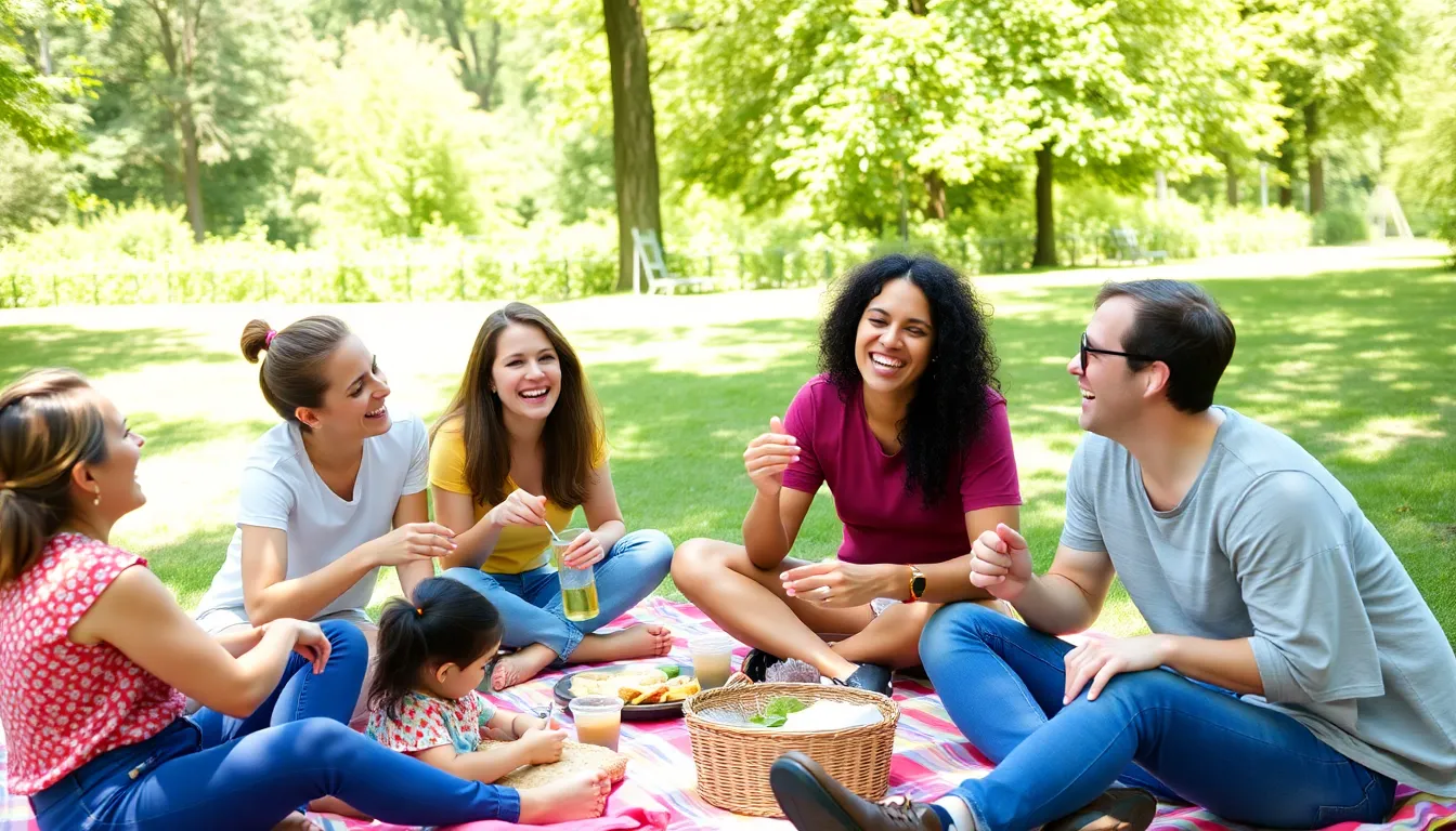 A group of friends laughs and shares a meal together at a picnic in a sunny park, surrounded by vibrant greenery and colorful blankets.