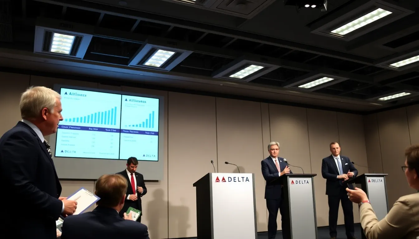 Delta Airlines executives discuss financial strategies during a press conference, highlighting their optimistic profit forecasts despite rising fuel costs.