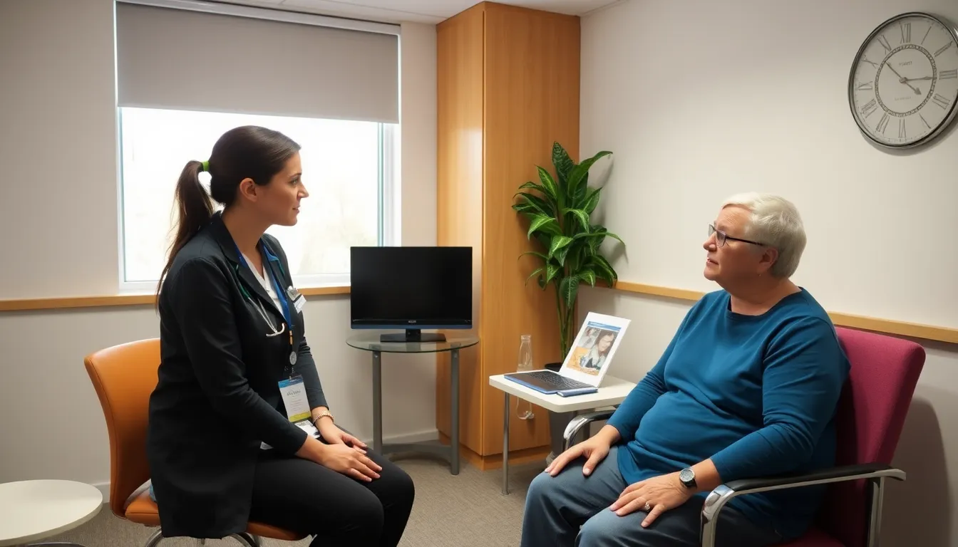 A healthcare professional speaks with a diabetes patient in a consultation room, discussing mental health support options as part of a new NHS initiative.