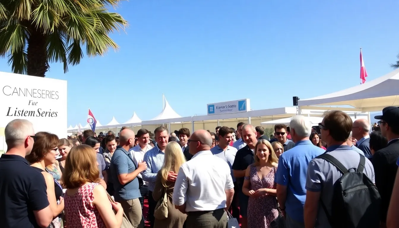 A crowd of enthusiastic festivalgoers gathers outside the Canneseries venue, eagerly discussing the premiere of the acclaimed comedy series Alice and Steve.