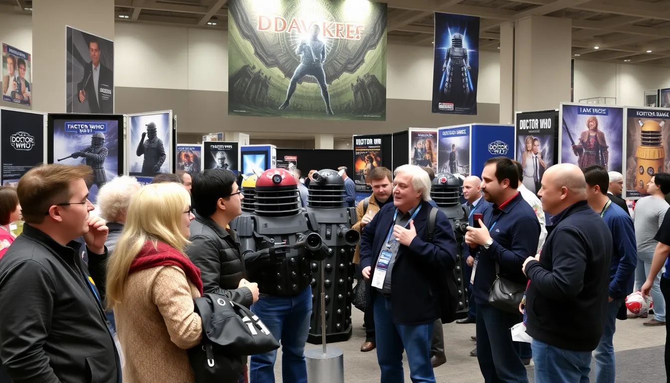 A group of fans gathers at a Doctor Who event, eagerly discussing the legacy of the Daleks and their impact on the series' history.