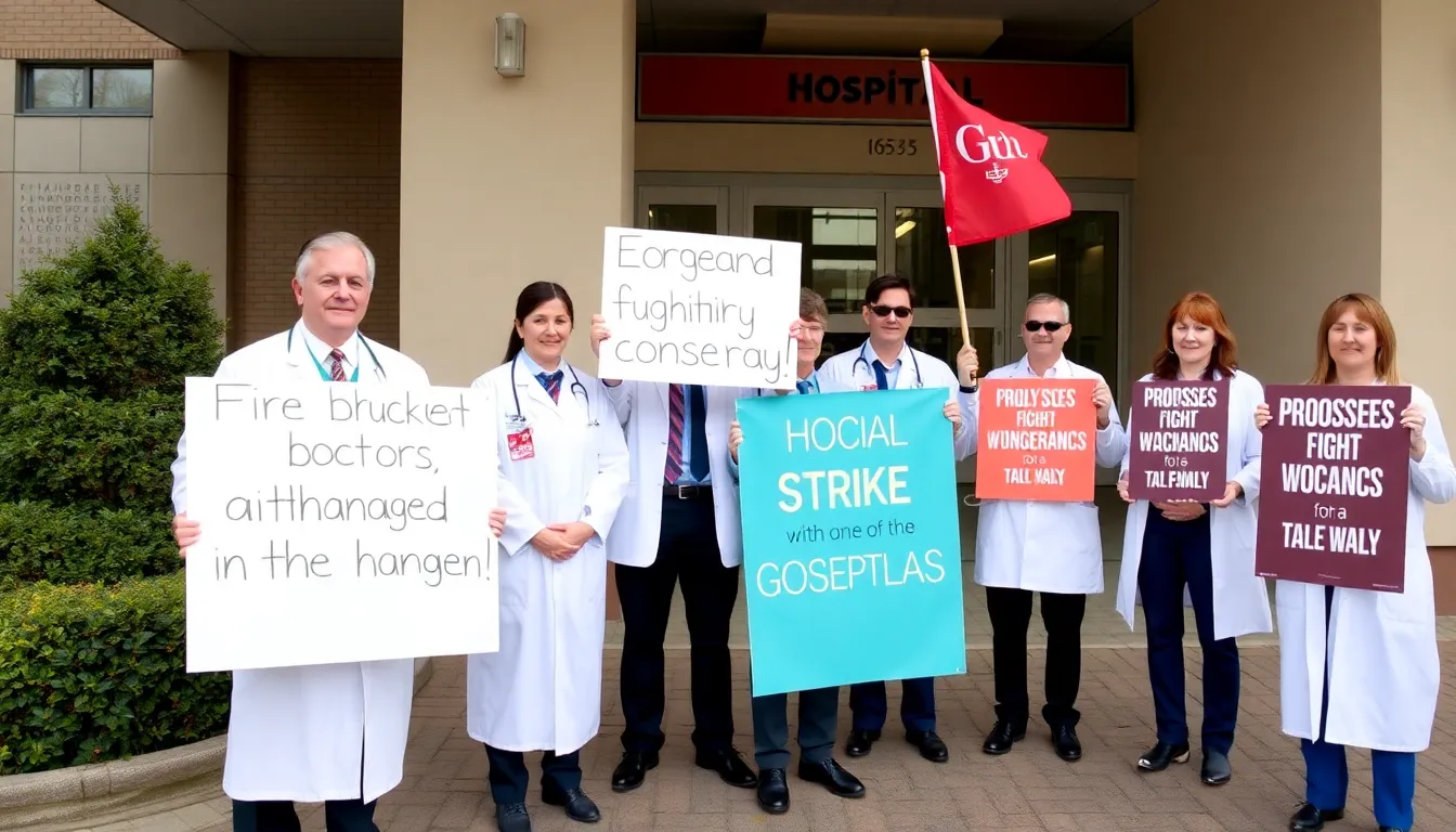 Doctors gather outside a hospital holding signs and banners to protest against the withdrawal of a proposed jobs package as they prepare for a nationwide strike.
