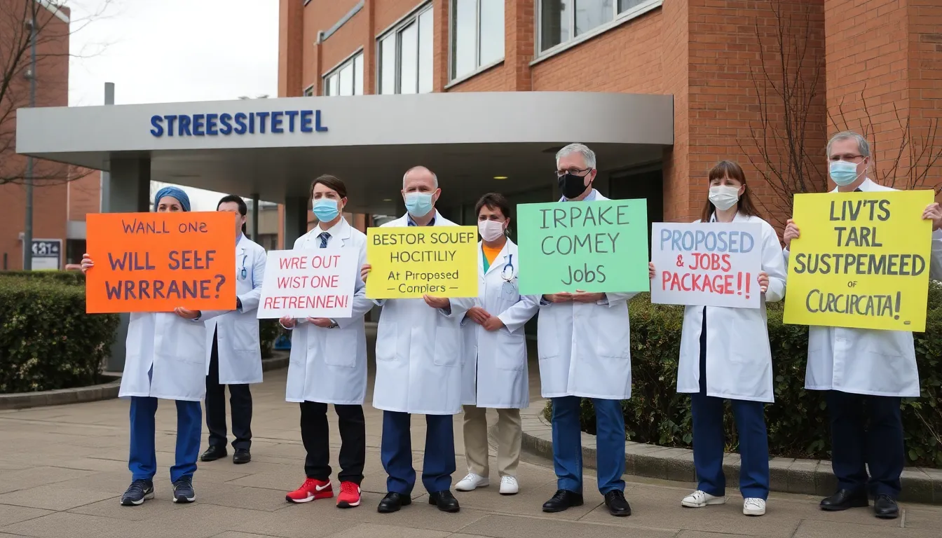 Healthcare professionals advocating for better job security and working conditions at a rally organized by medical unions
