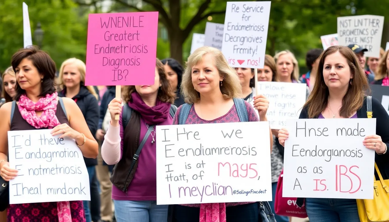 A group of women gather at a rally holding signs advocating for greater awareness and accurate diagnosis of endometriosis, highlighting the struggles faced by those misdiagnosed with IBS.