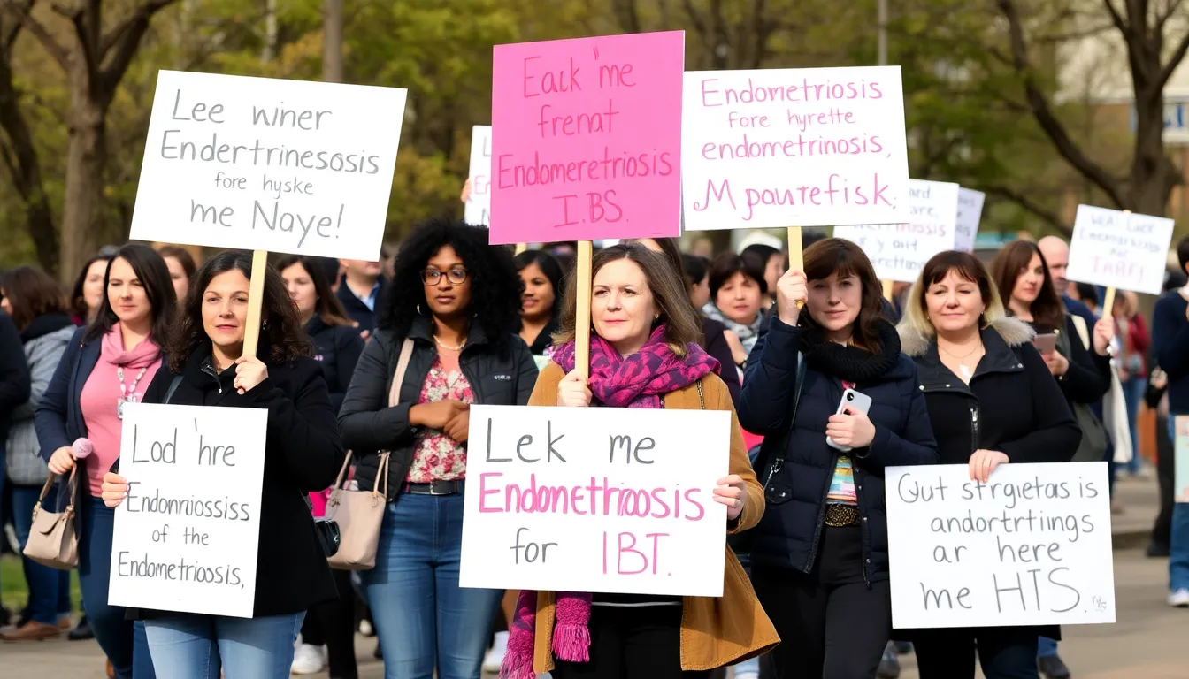 A group of women participating in an awareness campaign, holding signs to advocate for increased research on endometriosis