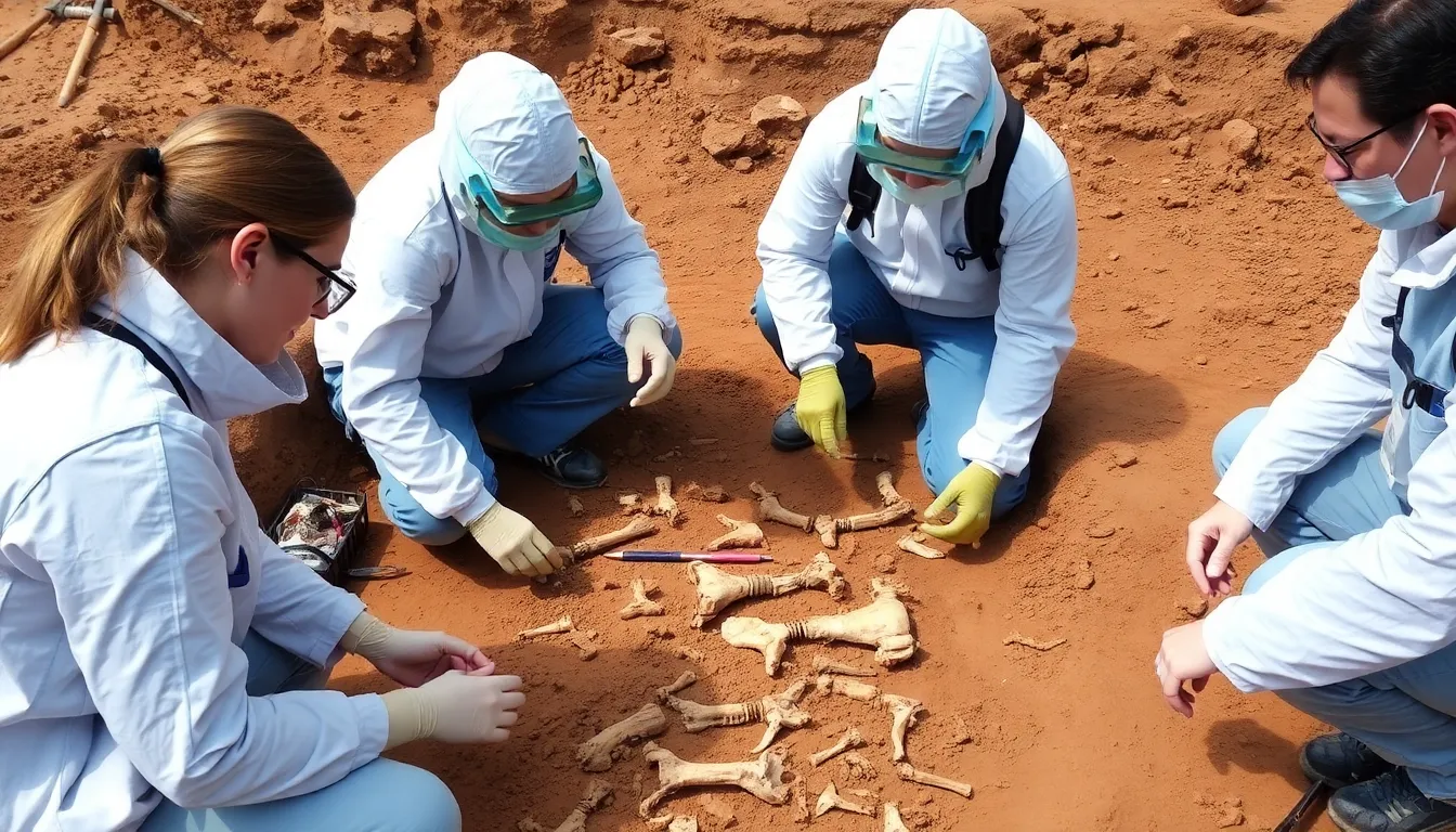 A group of researchers examines ancient dog remains at an archaeological site, highlighting the significance of new findings in understanding the early bond between humans and dogs.