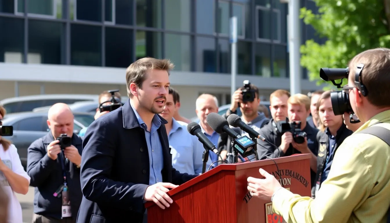 Donnie Wahlberg stands at a press conference podium, passionately discussing his commitment to filming Boston Blue in his hometown, while reporters and cameras gather around him.