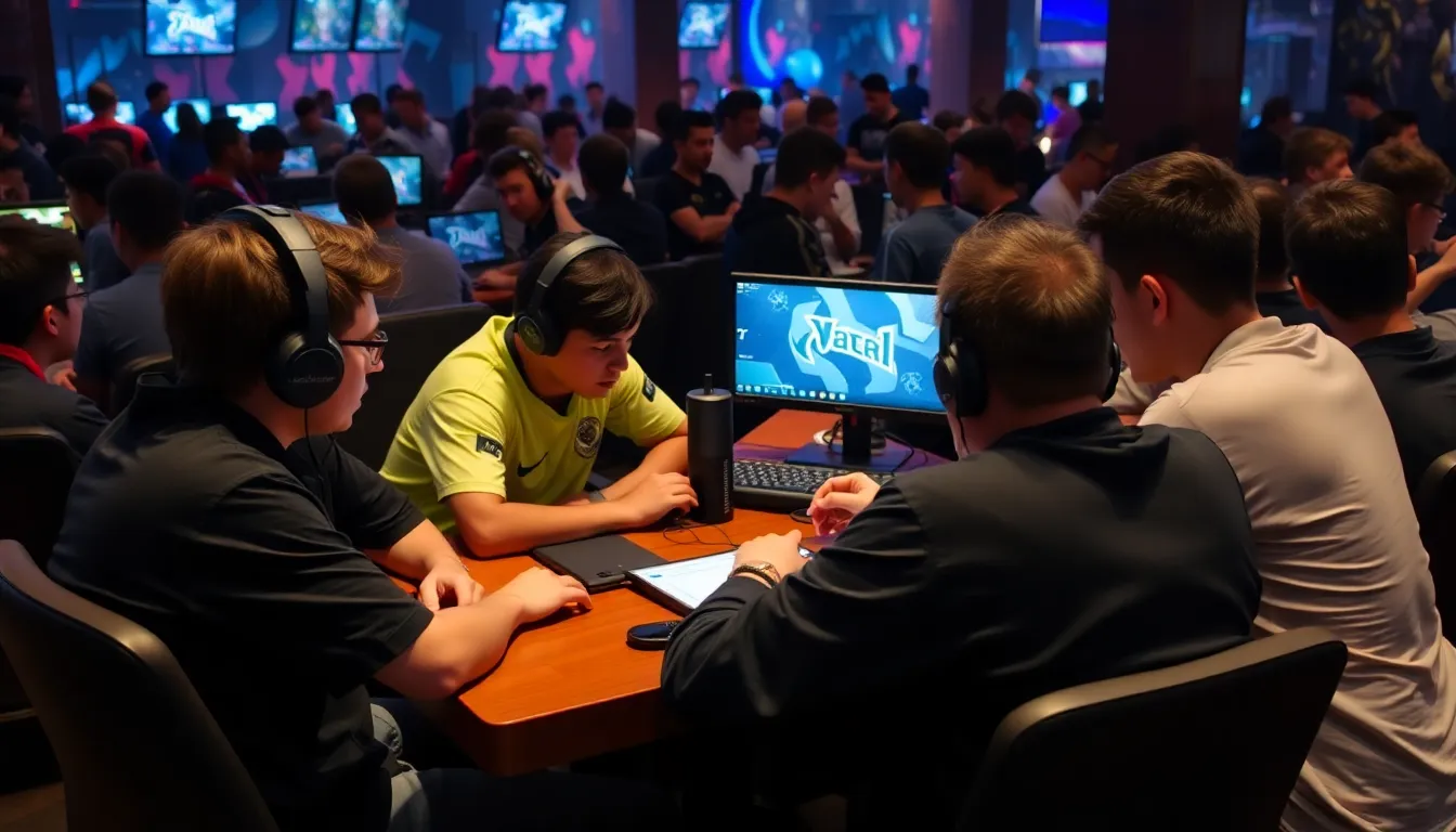 Players gather around their computers, intensely discussing the recent Dota 2 patch 7.41 and its potential impact on upcoming tournaments.