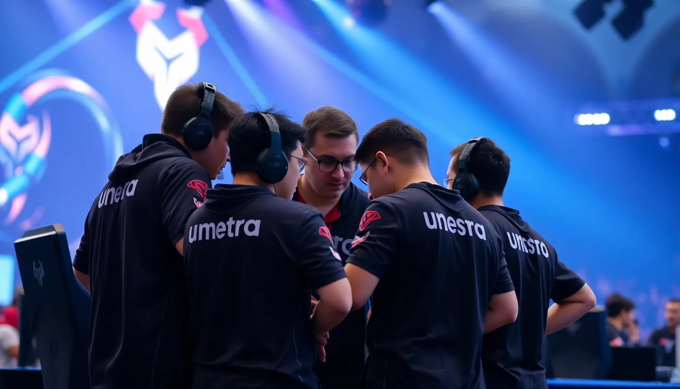 Tundra Esports players gather in a tense huddle during a match, reflecting the pressure and scrutiny they face following a series of disappointing performances.