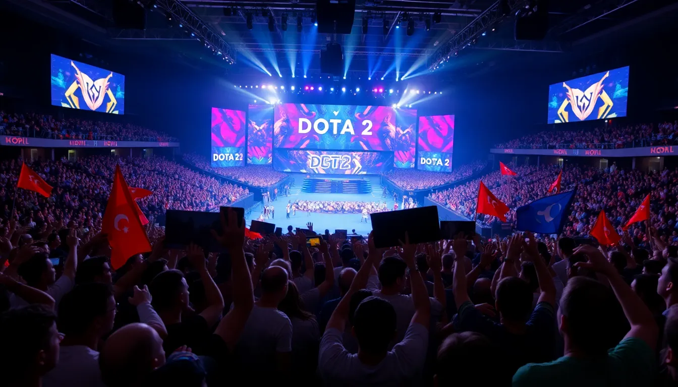 A large crowd of enthusiastic fans fills a stadium, waving banners and cheering as they watch a live Dota 2 tournament on a massive screen.