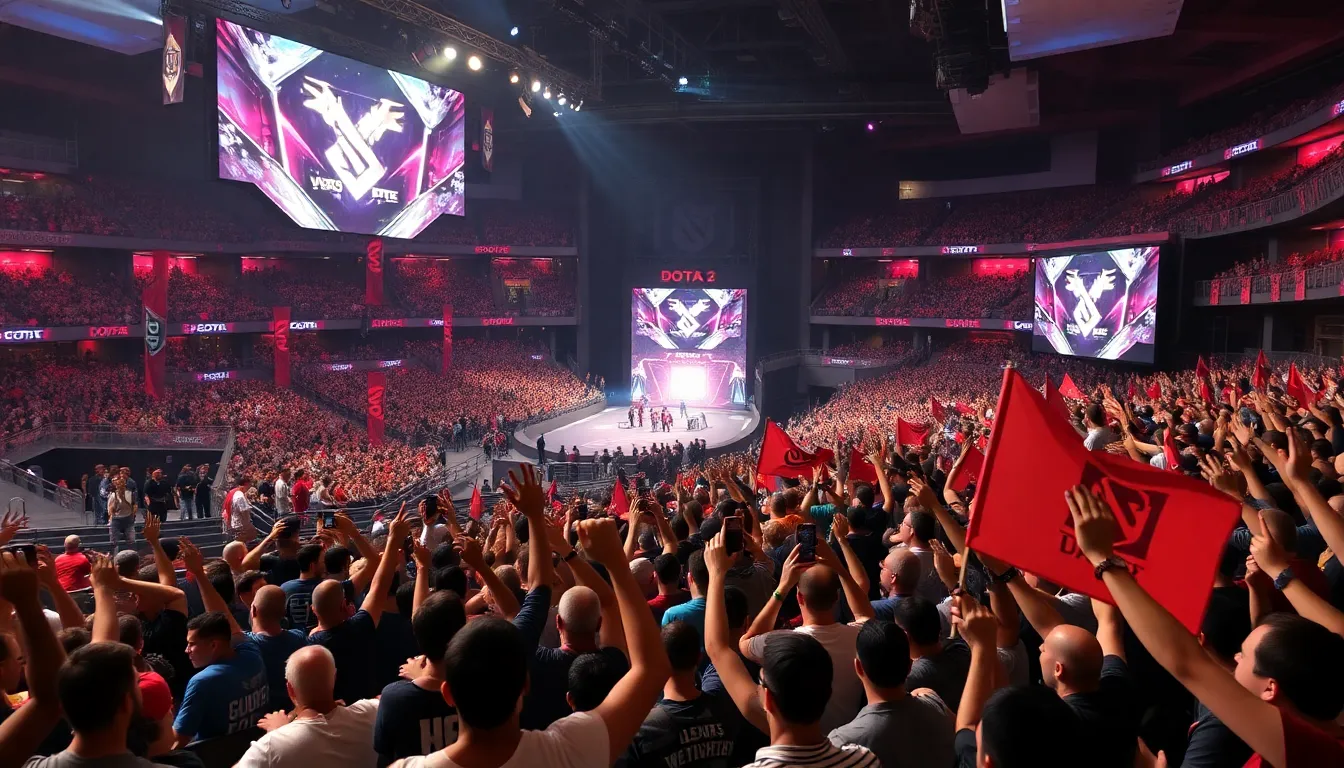A packed stadium reverberates with cheers as players compete on stage, highlighting the electrifying atmosphere of live esports events