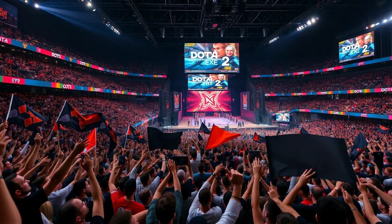 Players engage in intense gameplay during a Dota 2 match, demonstrating their skill and strategy in front of a live audience