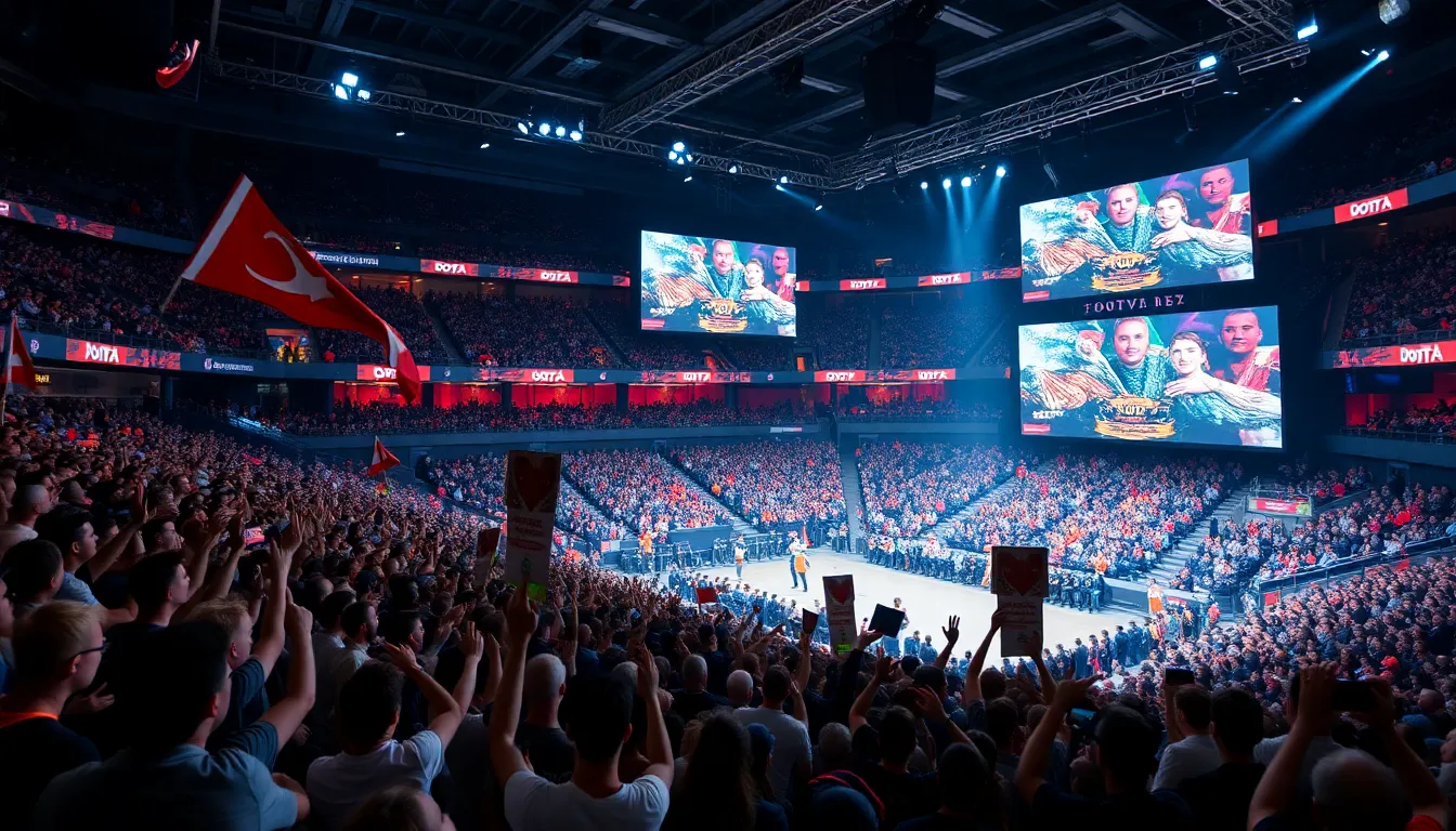 Enthusiastic fans wave banners and wear team jerseys, illustrating the strong community spirit surrounding Dota 2 competitions