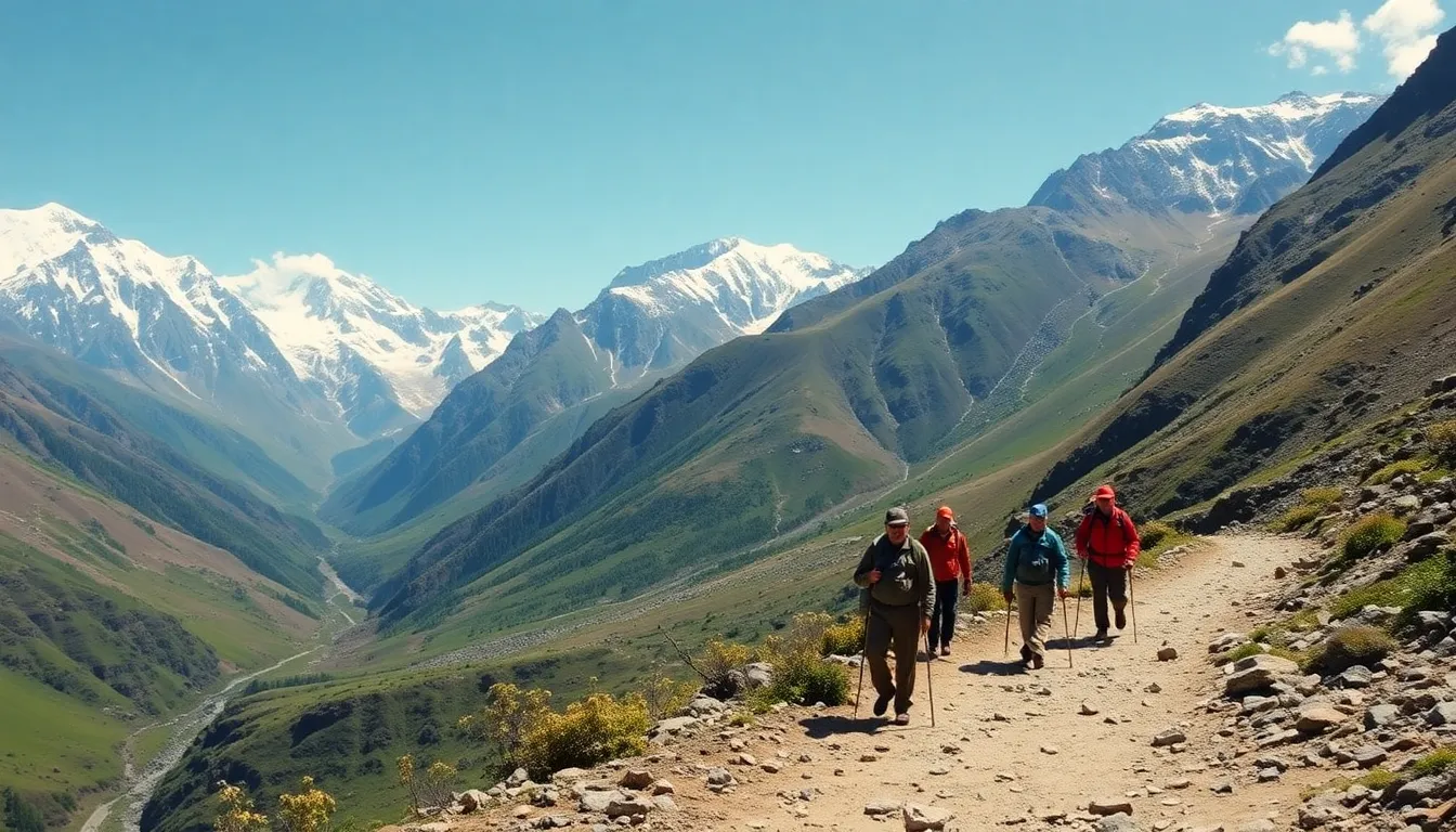 A group of trekkers navigates a rugged Himalayan trail, surrounded by towering snowcapped peaks and lush green valleys, as they pay tribute to Doug Allan's legacy in wildlife filmmaking.