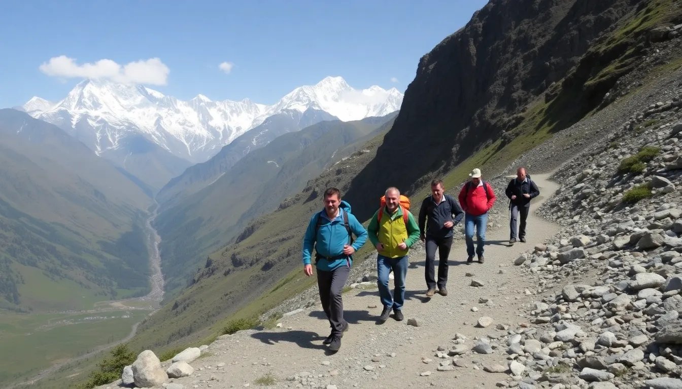 A group of trekkers navigating a challenging highaltitude trail, highlighting the risks and safety concerns associated with trekking in extreme environments