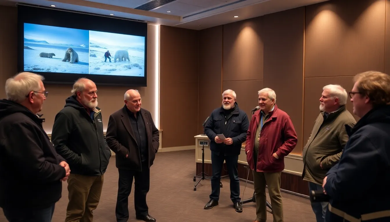 A group of filmmakers discussing ethical wildlife filming practices, inspired by Doug Allan's commitment to preserving fragile ecosystems