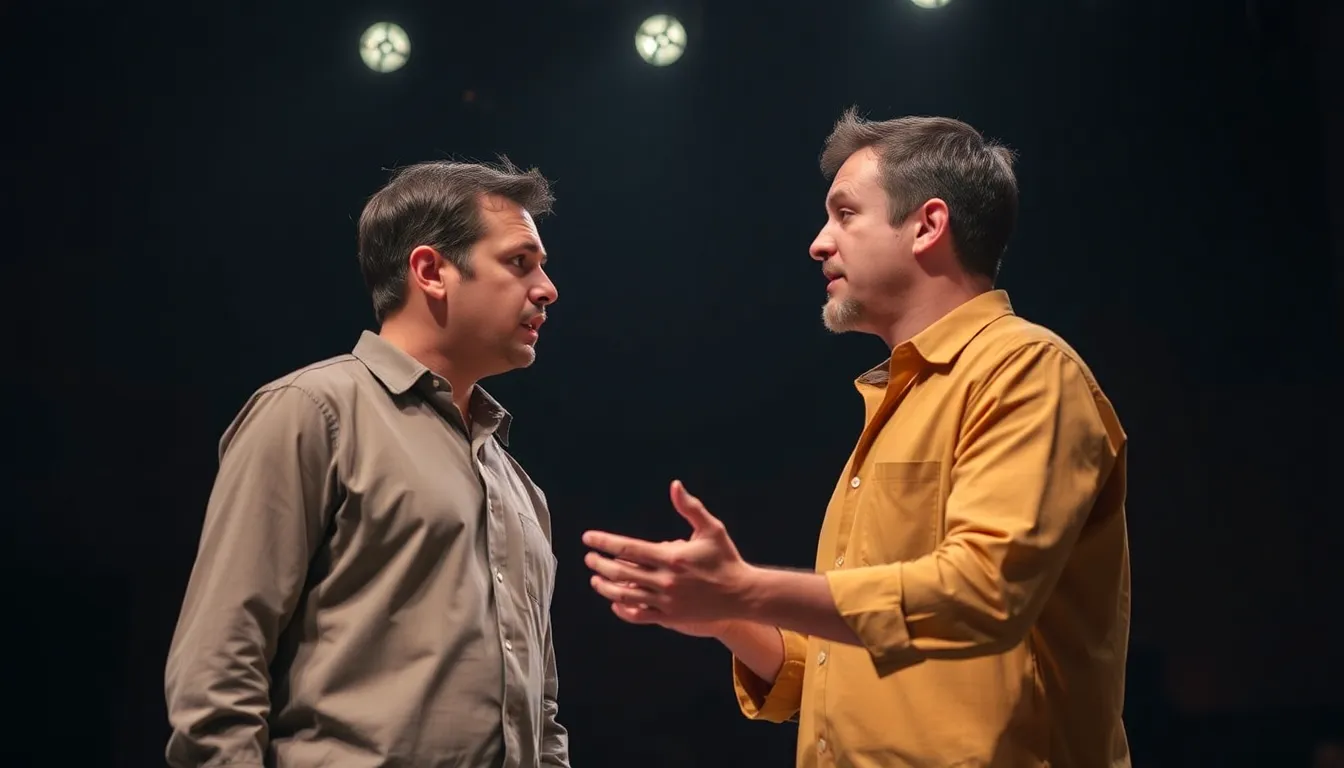 The lead actors passionately portray their characters in a tense moment of confrontation, highlighting the emotional turmoil and hidden truths central to the unfolding drama.