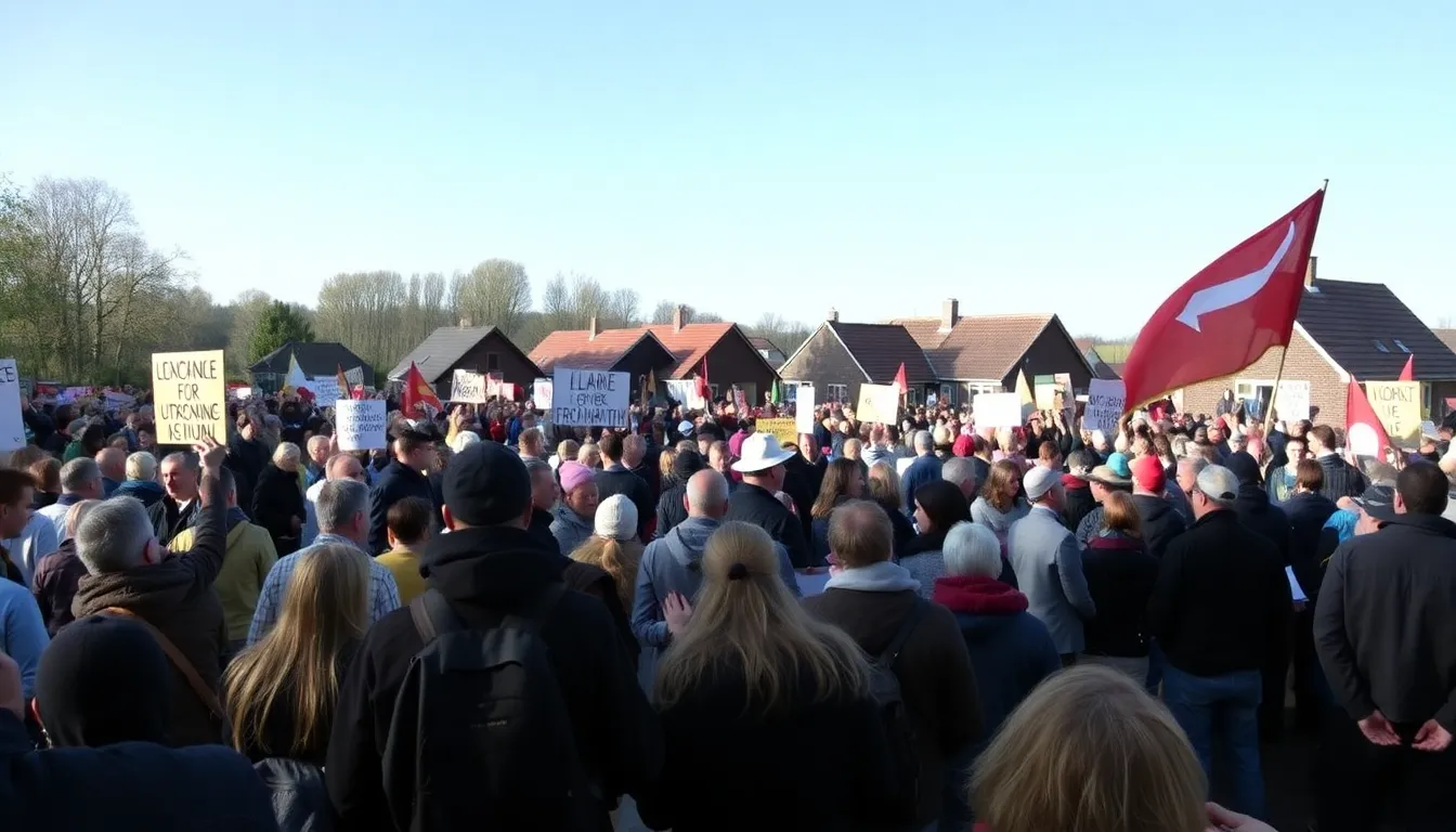 Activists gather in the Dutch village of Lützerath, holding banners and chanting slogans during a largescale demonstration against its impending demolition for coal mining expansion.