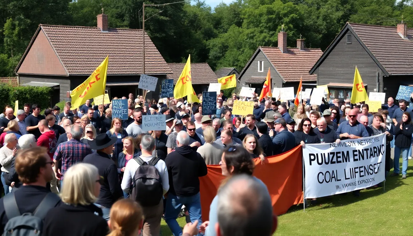 A peaceful protest scene unfolds in the village, with individuals and families united in their efforts to prevent the demolition and advocate for sustainable living