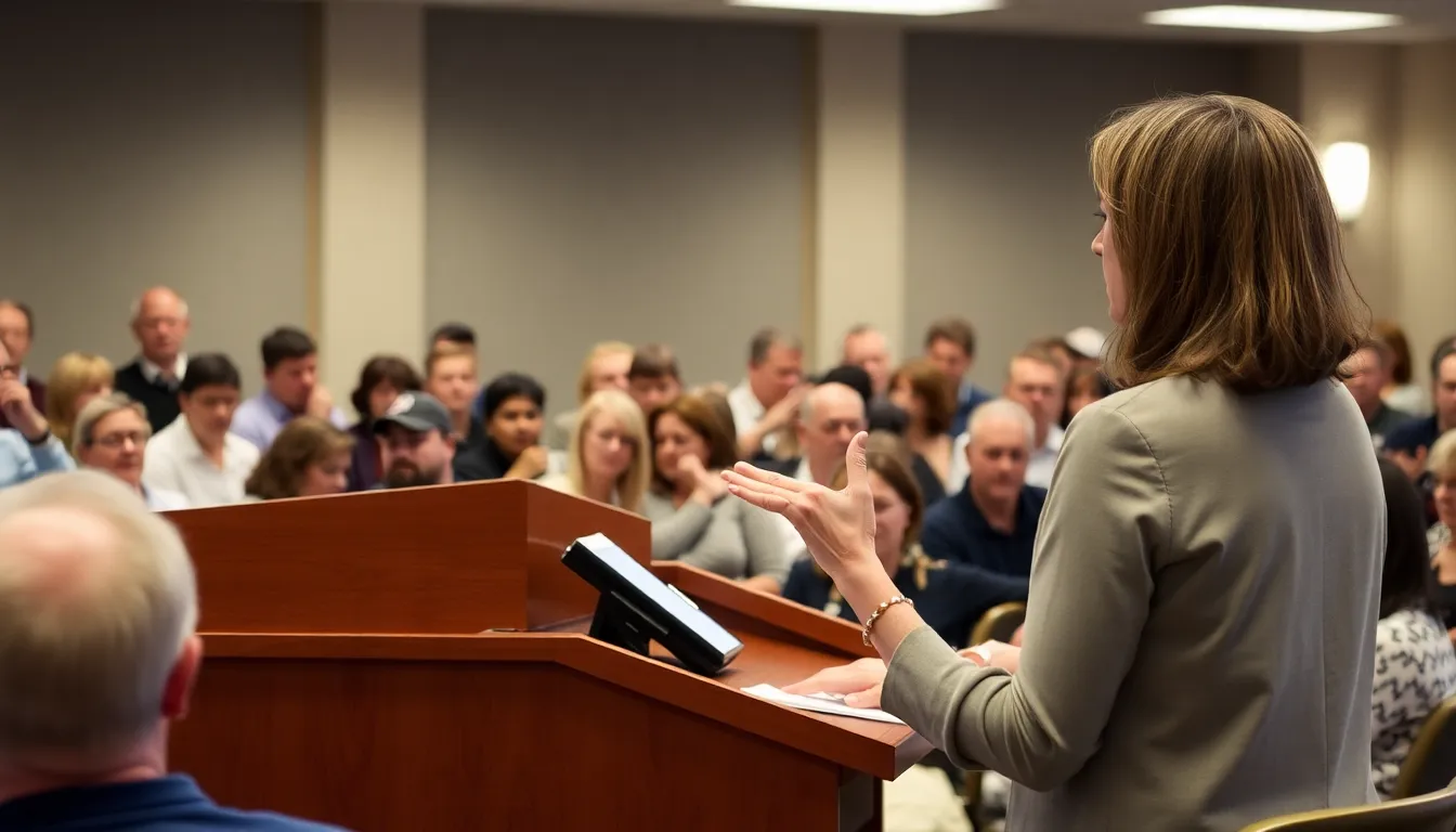 Local ecoresident Sarah Thompson passionately speaks at a town hall meeting, urging community members to consider the environmental risks associated with artificial grass.