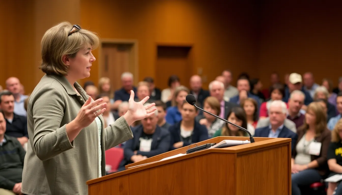 A concerned group of local homeowners engages in a lively discussion about the pros and cons of artificial lawns, reflecting the community's divided opinions on the issue