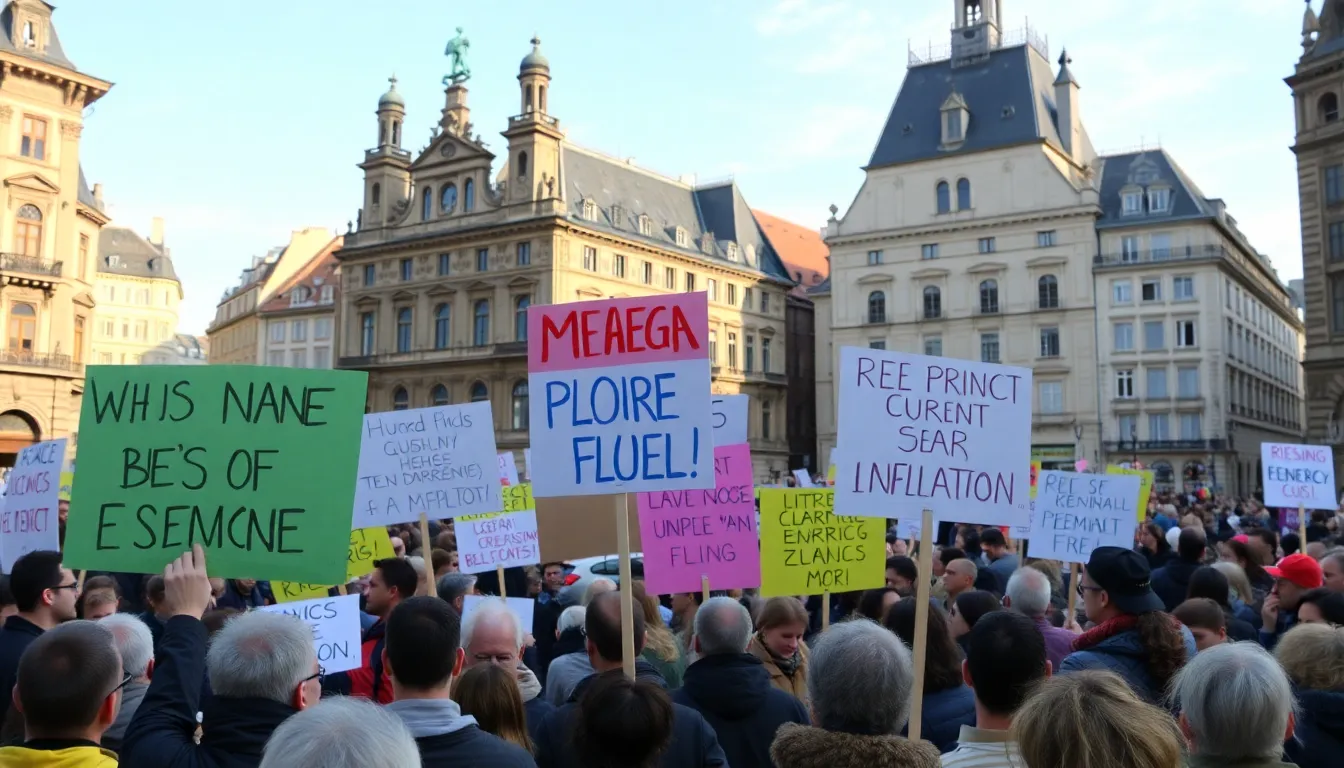 Protesters gather in a European city, holding signs demanding government action to address rising energy costs and inflation amid the ongoing conflict in Ukraine.