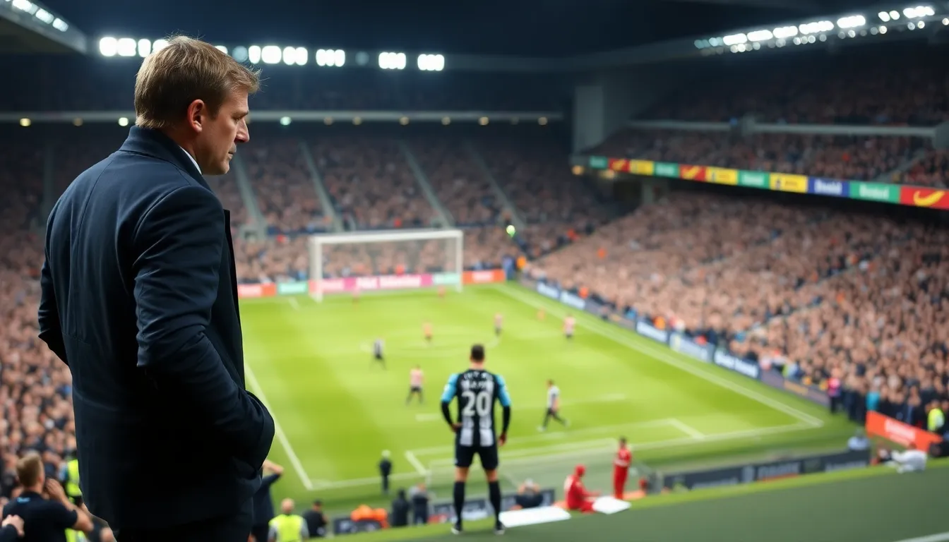 Eddie Howe stands on the sidelines during a tense match, intently observing his players as they face a crucial opponent in the Premier League.