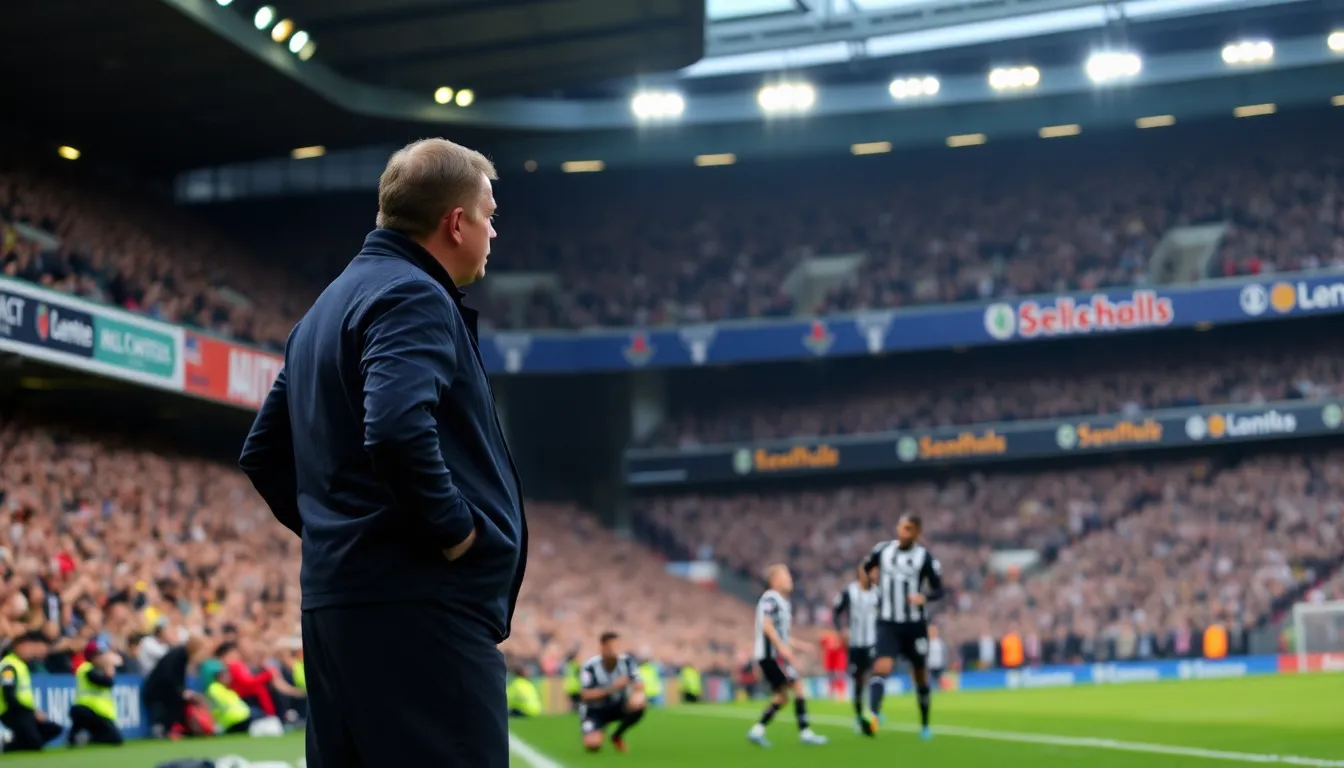 Eddie Howe strategizing on the sidelines, focused on guiding his team through a pivotal moment in the season