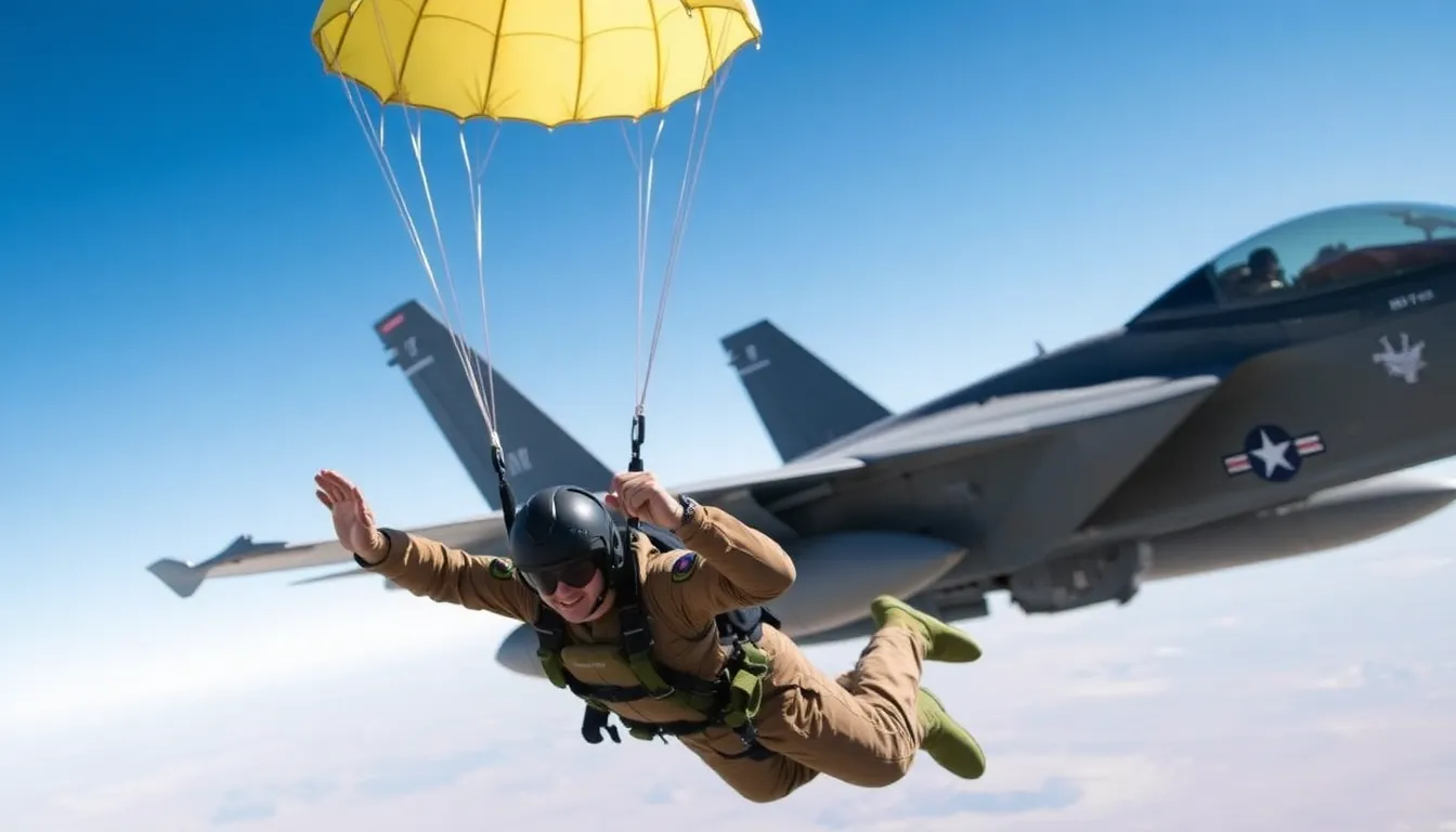 Two airmen parachute to safety after ejecting from their F15E Strike Eagle during a training exercise near Nellis Air Force Base, with the aircraft visible in the background.