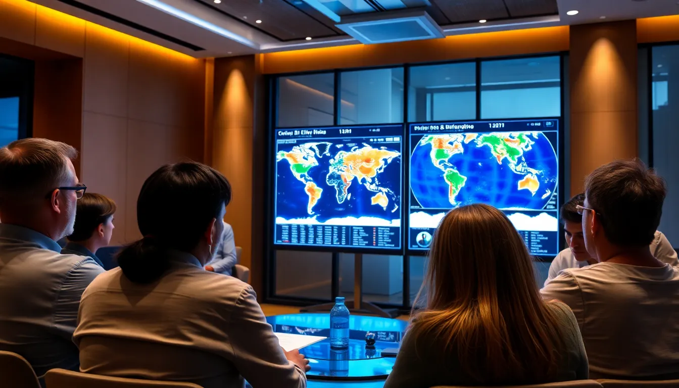 A group of scientists gathers around a large screen displaying data and maps related to the current El Niño phenomenon, discussing its potential impacts on global weather patterns.