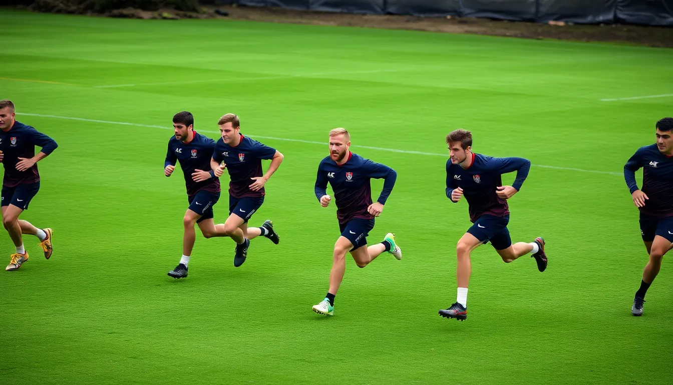 Players in rugby gear sprint across the field during a training session, showcasing their speed and agility as they prepare for the upcoming World Cup.