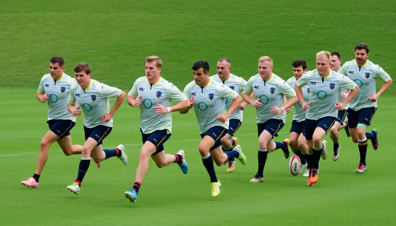 A rugby team showcasing their agility and speed on the field during an international match, reflecting the impact of elite speed machines on gameplay