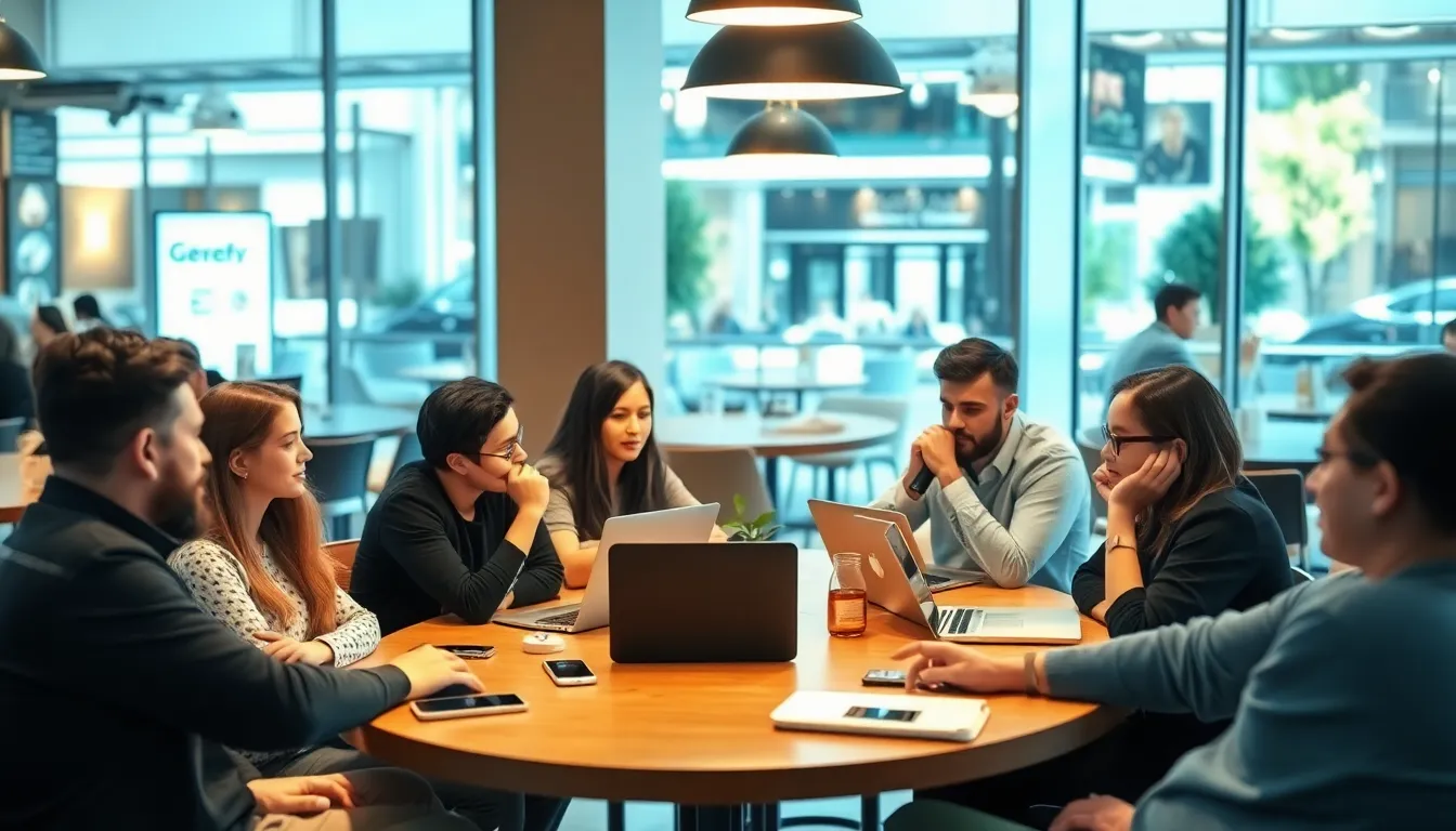 A group of social media users discusses the recent changes to X's payment structure in a bustling café, with laptops and smartphones open in front of them.