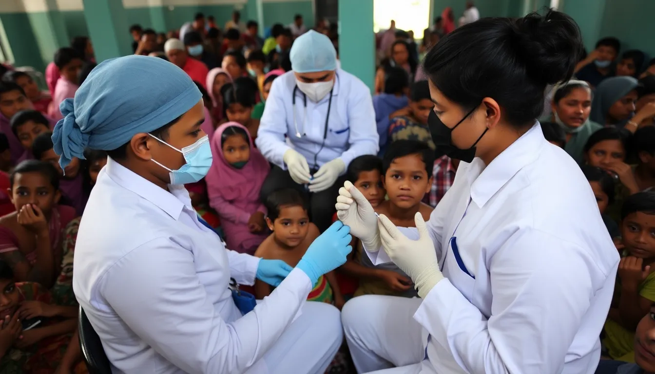Health workers administer measles vaccinations to children in a crowded clinic as part of an emergency response to a recent outbreak in Bangladesh.